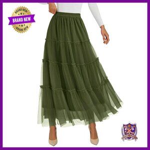 Tulle Maxi Skirt Elastic Waist Tiered Flowy A-Line Spring Casual